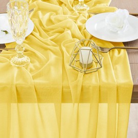 Socomi 4pcs Yellow Gauze Table Runner Chiffon Like Wedding Table Runner 120 inches Long Boho Rustic for Bridal Shower Decorations Baby Shower