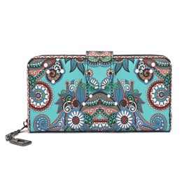 Women's Large Long Format Purse with Flowers and Blossom Pattern, in Mandala and Ethnic Style, Women's Purse with Zip and Press Stud and Many Compartments, Multicoloured2, s,