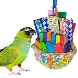 Super Bird Creations SB669 Wicker Foraging Basket Bird Toy for Parrots Cockatiels Ringnecks Medium Conures Quakers,Caiques Pionus - Crunchy Multi-Colored Textures - Medium Bird Size, 10” x 4” x 5”