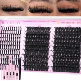 EYDEVRO Lash Clusters with Spikes Wispy Eyelash Clusters Kit 12-20mm Spikes Lash Clusters 10-18mm 80D 100D Volume Cluster Eyelash Extensions Lash Clusters Kit Individual Lashes with Lash Bond and Seal