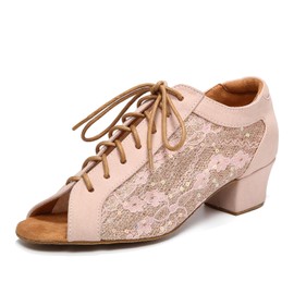 VCIXXVCE Women's Latin Dance Practice Shoes Nude with Lace-up Peep Toe Ballroom Salsa Tango Dancing Shoes Low Heel, 7.5 US