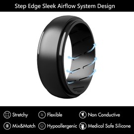 Silicone Ring Men, 2/7 Rings Set Rubber Wedding Bands for Men - Step Edge Airflow Inner Grooves, 8mm Wide, 2.2mm Thick