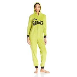 Dr.Seuss Women's Grinch Hoodie Union Suit, Green, Large