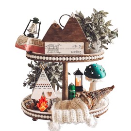 Lavender Inspired Farmhouse 2 Tiered Tray, Distressed Wood Beaded 2 Tiered Tray Stand with Metal Handle, Kitchen Island Decor, Coffee Table Decor, Oval Tiered Tray, Wooden Serving Trays.(White)