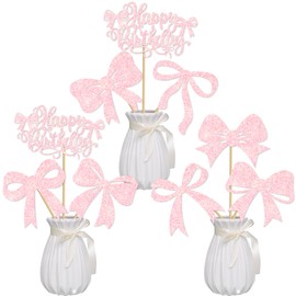 Bow Birthday Centerpiece Sticks 16pcs Pink Bow Birthday Party Decorations Bow Party Table Topper Centerpieces Coquette Bow Birthday Table Decorations for Girls Bowknot Bachelorette Party Supplies