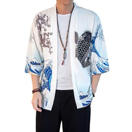 PRIJOUHE Men's Lightweight Kimono Jacket Seven Sleeve Open Front Cardigan Coat Japanese Style Bathrobe
