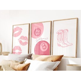 How Lucky Are We, Trendy Kisses Wall Art, Lucky 8 Ball Print, Coquette Bow Cowgirl Boots, Cute Aesthetic Art, Preppy Dorm Decor, Set of 3 - Style: Style 3, Size: 30x60