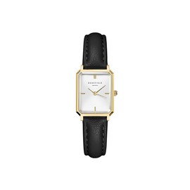 Rosefield Women's Octagon XS White Sunray Dial Gold-Tone Case Black Leather Strap OWBLG-O84 Dress Watch, White/Gold, 19.5x24mm