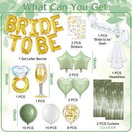Matomtak Sage Green Bachelorette Party Decorations Bride to Be Bridal Shower Decorations with Balloons Bride to Be Sash Fringe Curtain for Bachelorette Engagement Wedding Party Favors