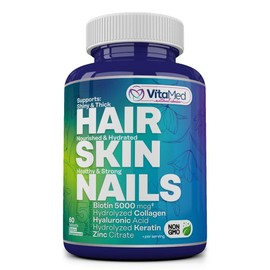 VitaMed Hair Skin and Nails Vitamins - Collagen Pills for Hair Growth, Biotin 5000mcg to Strengthen Nails and Glowing Skin, Hyaluronic Acid, Vitamin C, E, B6, Keratin Hair Treatment, 60 Tablet.
