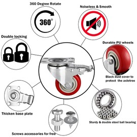 4” Casters Set of 4 Heavy-duty Industrial Caster Wheels, PU Noiseless Wheels with Double Locking & Double Ball Bearing, Swivel Casters for Workbench, Wood Box, Kitchen Tables, Furniture, Plate Castors