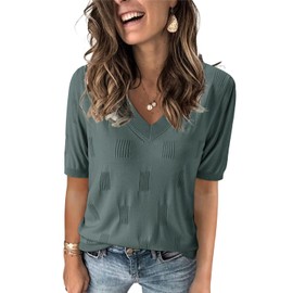 Arach&Cloz Women's Summer Fall Tops 2025 Short Sleeve Plus Size Sweaters V Neck Trendy Fashion Knit Clothes Dressy Cute Casual Outfits Business Work Blouse Grey Green XL