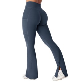 VOYJOY Women's High Waist Split Hem Legging Flare Yoga Pants Hidden Scrunch Leggings with Side Pockets Navy Blue