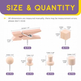 Swpeet 135Pcs 6 Types Wood Push Pins Assortment Kit, Wooden Head Pins Steel Thumb Tacks Clips Push Pins for Cork Boards Map Photos Home Office Craft Projects
