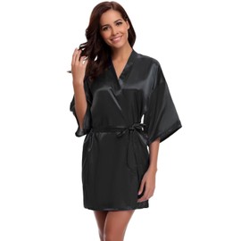 Sumeyuyu Womens Kimono Robes Satin Dressing Gown Nightdress Short Silk Bridal Bathrobe sleepwear with Oblique V-Neck,Pure Colour