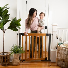 Summer Infant West End Extra Wide Safety Pet and Baby Gate, 36"-60" Wide, 30" Tall, Pressure or Hardware Mounted, Install Wall to Wall in Doorway, Auto Close Walk-Thru Door - Oak Wood and Metal