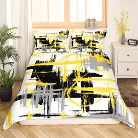 Feelyou Yellow Grey Black Bedding Set Twin Size Kids Abstract Art Comforter Cover Set for Boys Teens Modern Striped Art Duvet Cover Breathable Geometric Bedspread Cover Room Decor Quilt Cover