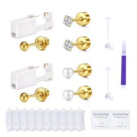 AVYRING Ear Piercing Gun Kit - 2 Pcs Gold Self Ear Piercing Kit with Earring Stud Hypoallergenic Steel Tools at Home 20g Pearl Flat Back Stud Earrings 3mm Cubic Zirconia