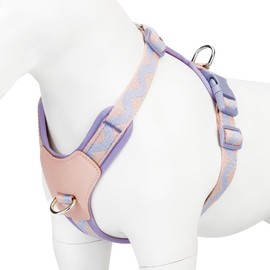 Dog Harness Small Sized Dog - No Pull Adjustable - Step-in with Genuine Leather Panel for Small, Medium, Large Dogs & Cats - Leash Option for Walking and Training Pink Purple M