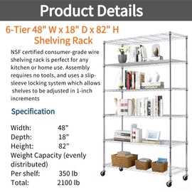 6 Tier Wire Shelving Rack,Steel Shelf 48" W x 18" D x 82" H Adjustable Storage System with Casters/Wheels and Feet Levelers,Garage Shelving Unit, Storage Shelving Rack,Kitchen/Office Rack (Chrome)