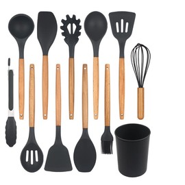 Silicone Kitchen Cooking Utensil Set, 12-Piece Silicone Utensil Set for Cooking with Wooden Handle, Spatula, Spoon, Tongs, Heat Resistant Kitchen Gadgets Tools Set for Nonstick Cookware-Black