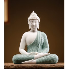 Qinlang 6 inch Small Green Buddha Statue for Home Decor, Ceramic Meditation Buddha Decor for Home