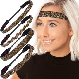Hipsy PETITE Size, Adjustable No Slip Sparkly Bling Mixed 4pk Headbands for Women Girls & Teens (Bling Glitter Mixed Brown)