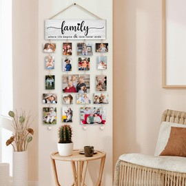 Orchroma Family Picture Frames Collage Wall Decor,Family Tree Photo Board,Hanging Photo Display with Clips,Family Where Life Begins and Love Never Ends,Home Liveing Room Bedroom Wall Decor