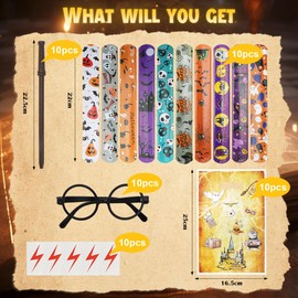 CEWROM Magic Wizard Party Bags, 50 Pieces Party Bags Children's Birthday Party Bags with Magic Wand Pens, Glasses, Lightning Bolt Scar Temporary Tattoos, Bags, Slap Bracelets for Festival Party