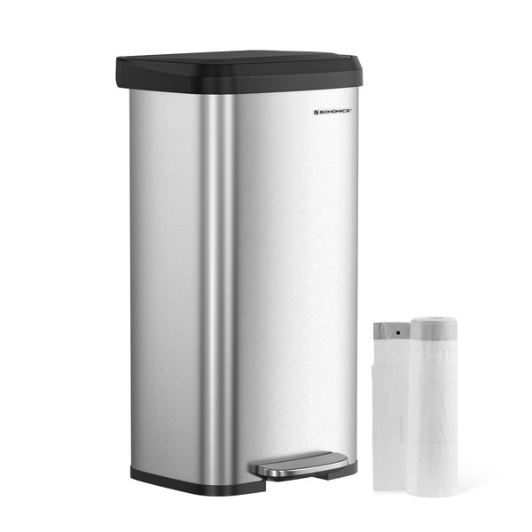 SONGMICS Kitchen Trash Can, 18-Gallon Stainless Steel Garbage Can, with Stay-Open Lid and Step-on Pedal, Soft Closure, Tall, Large and Space-Saving, Silver and Black ULTB520E68