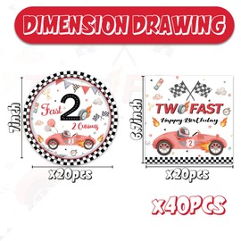 40pcs Two Fast Birthday Party Decorations Race Car Two Fast Dessert Plates and Napkins for Two Years Old Party Baby Shower Supplies,Suitable for 20 Guests