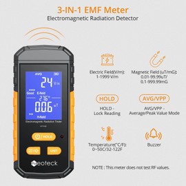 Neoteck 3-in-1 EMF Meter Rechargeable Electromagnetic Radiation Detector for EF MF and Temperature LCD Backlit Audible Alarm 1~1999V/m Electric Field 0.01~99.99ut Magnetic Field(RF Not Included)