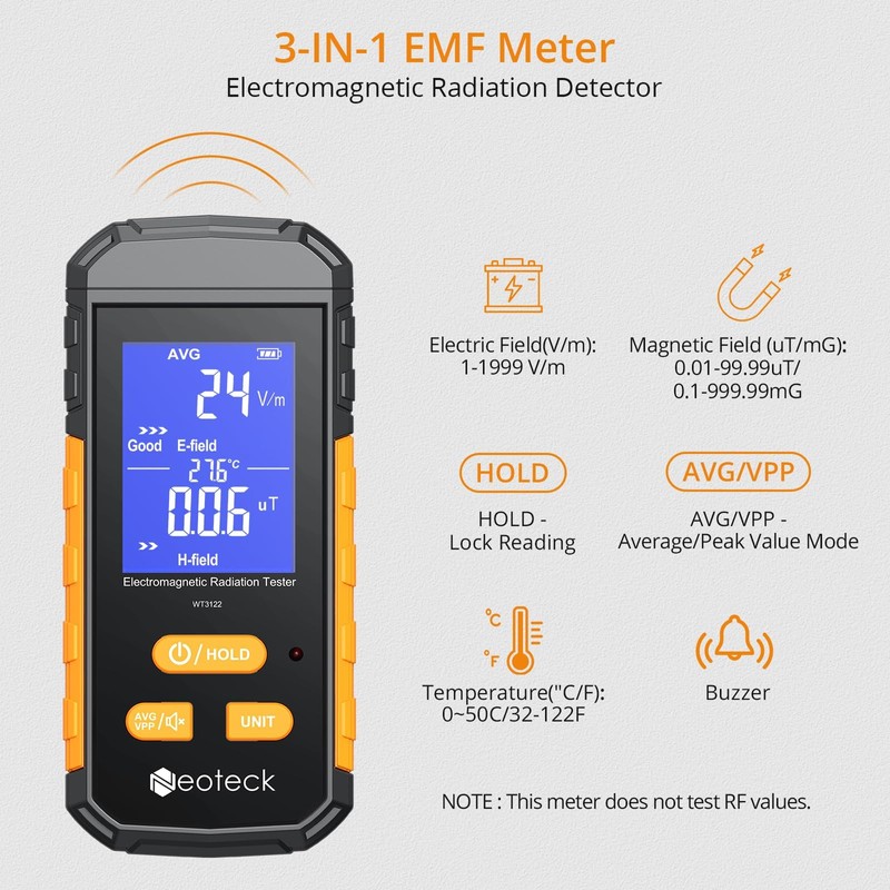 Neoteck 3-in-1 EMF Meter Rechargeable Electromagnetic Radiation Detector for EF