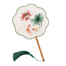 Chinese Round Hand Fans with Tassel Hand Circular Fans Double-Sided Embroidery Hand Fans Translucent Silk Round Fans Ancient Court Round Hand Fans (Pattern-5-Green-Lotus-and-Goldfish)