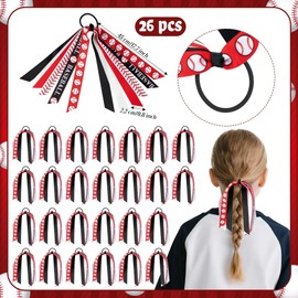 HoniedPepperino Ball Themed Ribbon Hair Tie Kit, 26Pcs Ribbon for Hair Bows,Ball Game Party Cheerleader Sports Accessories Gifts, Cute Head Elastic Ornament Scrunchies for Girls Women (Red)