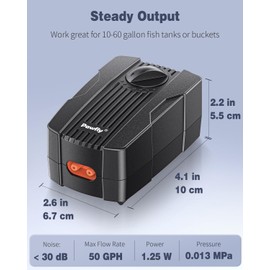 Pawfly Aquarium Air Pump 50 GPH Fish Tank Oxygen Pump for 10-60 Gallon Fish Tanks Buckets Dual Outlet Adjustable Ultra Quiet Aerator Pump with Airline Tubing Air Stones Connectors and Check Valves