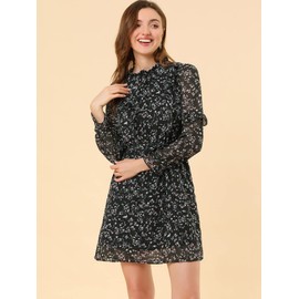 Allegra K Women's Floral A-line Ruffle Mock Neck Tie Waist Chiffon Dress Small Black