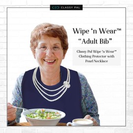 Classy Pal Adult Bibs for Women, Wipe ‘n Wear™ Clothing Protectors for Eating, Senior Adult Bib Crumb Catcher, Waterproof, Reusable, Washable (Pearl Necklace)