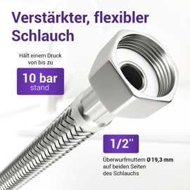 Viоks.pro 1/2 Inch Hose (19.3 mm) Throw on Both Sides 100 cm & Connection Hose Fitting Connection Hose Flexible Hose for Tap Angle Valve Washbasin Kitchen Tap Bathroom Toilet Cistern