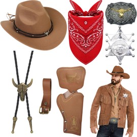 8Pcs Western Cowboy Fancy Dress Accessories Set, Brown Hat Paisley Bandanna Holster Belt Western Bolo Buckle Tie Necklace Sheriff Badge Wild West Cowboy Outfit Kit for Men Hippie Disco Party
