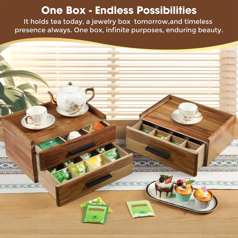 Acacia Wood Tea Bag Organizer with Gift Box, Double-Drawer Tea