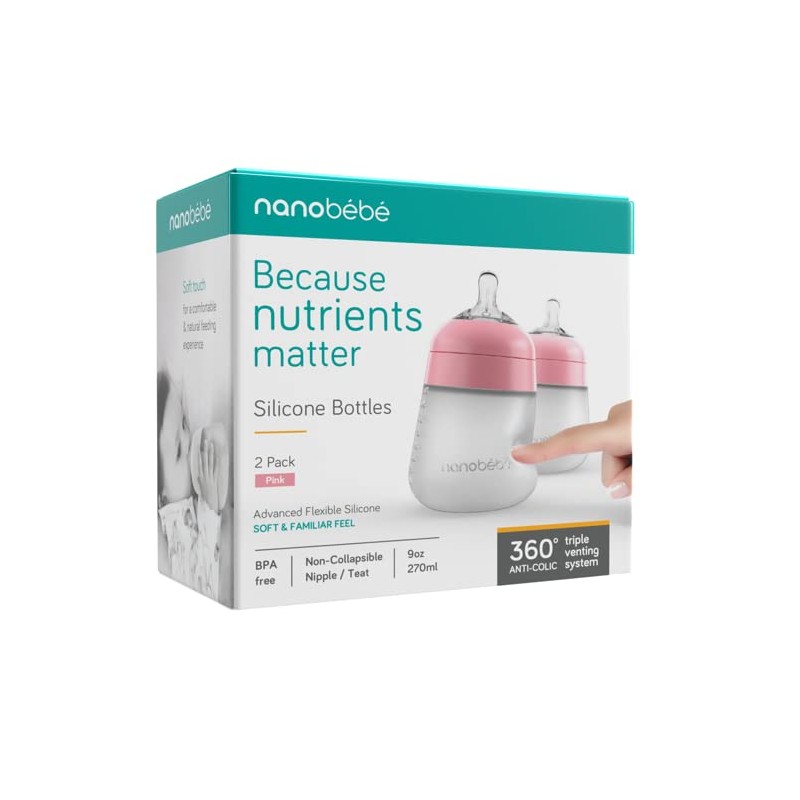 Nanobébé, Biberón de Silicón 270 ml./ 9Oz. 2 Pack, Color