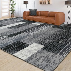 Large Area Rugs,Modern Geometric Patchwork Floor Decor for Bedroom Aesthetic Carpet, Rockwood Collection, Indoor Rugs for Living Room, Dining Room, Nursery, Office, Machine Washable Rug,5x8 Ft Grey
