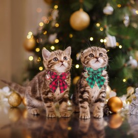 ADOGGYGO Christmas Cat Collars Breakaway with Stylish Bowtie, 2 Pack Red Green Plaid Christmas Kitten Collar with Bell Removable Bow Cat Christmas Collar for Cats Kittens (Red&Green)