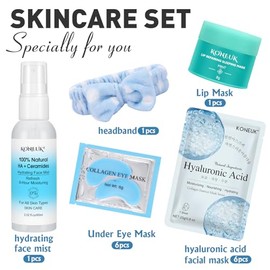 Paquete de 15 unidades de cuidado de la piel con máscaras faciales, parches debajo de los ojos, niebla facial, máscara labial, diadema, cuidado de la piel para mujeres, kit de viaje y relleno de