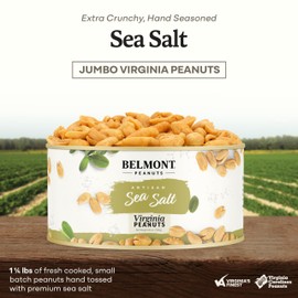 Belmont Peanuts Gourmet Sea-Salted Virginia Peanuts, 20 oz (1 Pack) – Only 3 Simple Ingredients, No Preservatives, 7g Protein – A Premium, Salty, Crunchy, Hand Seasoned Snack