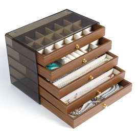 CLUQMEIK 5 Layer Large Wooden Jewelry Box with Acrylic Lid and Wooden Drawers, Stackable Jewelry Organizers and Storage Box for Women and Girls to Storing Rings Earrings Necklaces Bracelets