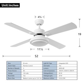 FINXIN Indoor Ceiling Fan Light Fixtures Remote LED 52 White Ceiling Fans for Bedroom,Living Room,Dining Room Including Motor,Remote Switch