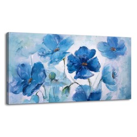 Large Wall Art Canvas Art Wall Decor Blue Flowers Theme Pictures Abstract Floral Prints Framed Wall Art for Bedroom Wall Decorations for Living Room Modern Decor Ready to Hang Size 24x48 inches