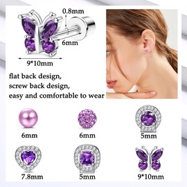 Kakonia 6 Pairs of Stud Earrings for Women Hypoallergenic 316L Stainless Steel Birthstone Earrings Stud Colourful CZ Heart Butterfly Birthstone Flat Back Earrings, Stainless Steel